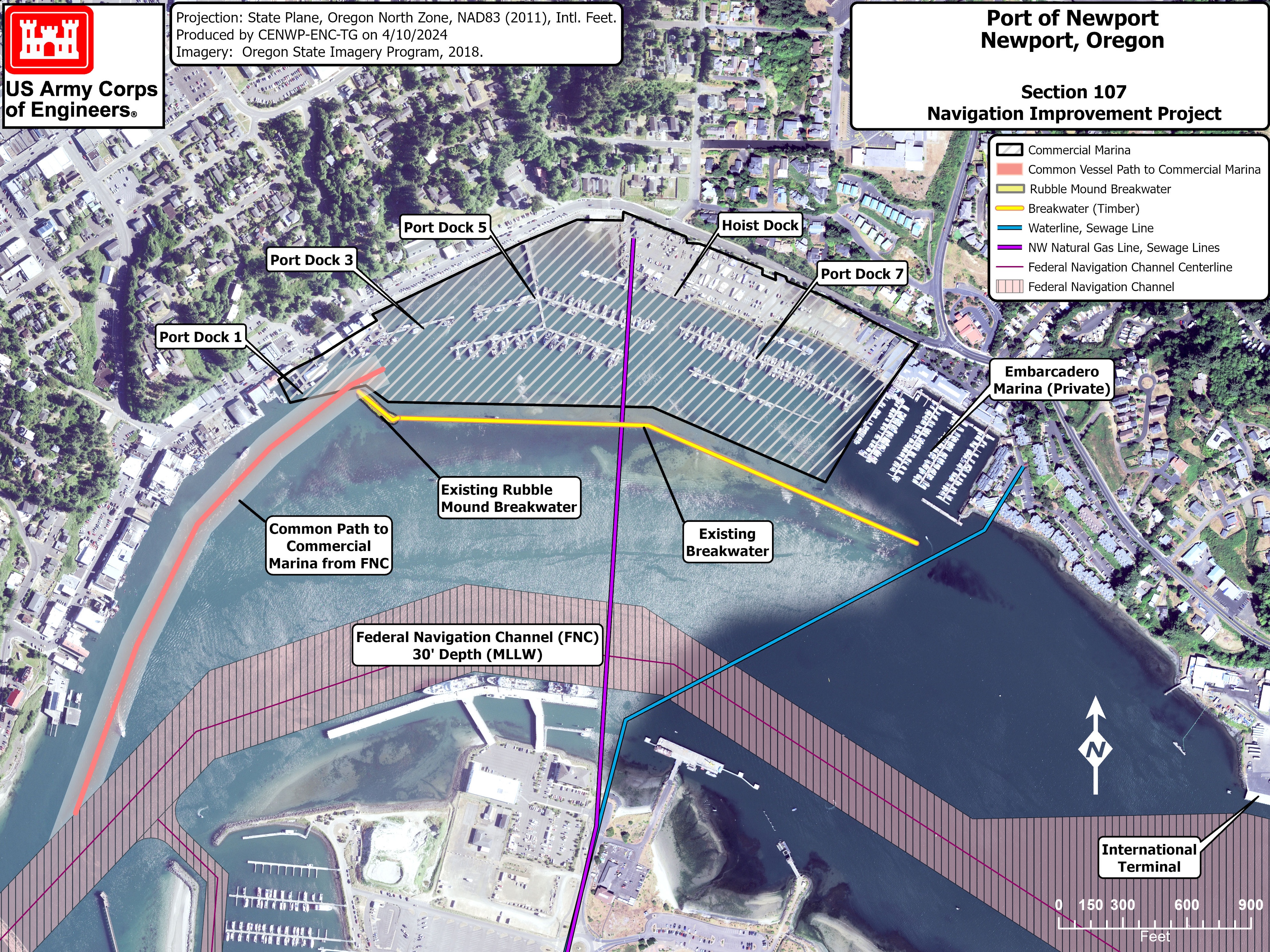 Map of the Port of Newport Commercial Marina with the following features indicated: the Commercial Marina Docks, the Commercial Marina Breakwater, the Private Embarcadero Marina, the International Terminal, and the Federal Navigation Channel and the common path from the Federal Navigation channel to the west side of the Commercial Marina